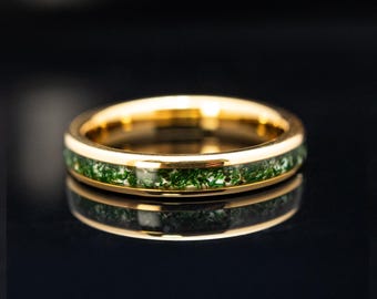 Moss Agate Tungsten Wedding Ring: 4mm Gold Inlay Band | Nature Inspired Wedding Band for Him or Her | Alternative Unique Engagement Ring