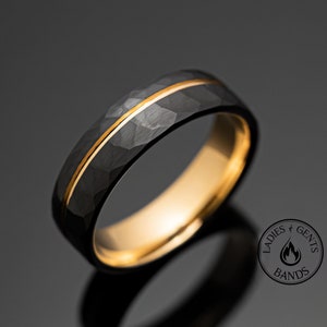 6mm Black Hammered Gold Obsidian Tungsten Wedding Band, Mens Ring