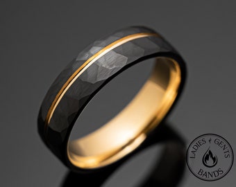 Aliança de casamento de tungstênio e obsidiana dourada preta martelada de 6 mm, anel masculino