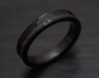 4mm Black Hammered Wedding Ring, Black obsidian opal Ring, Tungsten Carbide Unisex Ring, Womens Wedding Band, Black Ring, Womens Opal Ring
