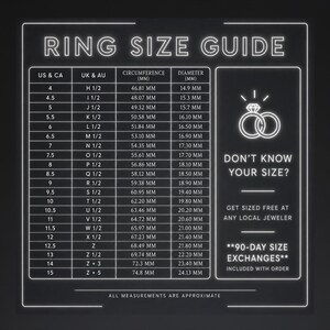 May include: Ring size guide with US & CA, and UK & AU sizes, circumference, and diameter measurements in millimeters. Includes a graphic of two rings and text: "Don't know your size?" and "Get sized free at any local jeweler."