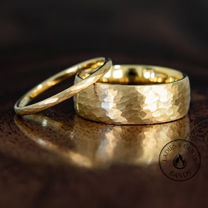 Gold Hammered Tungsten Wedding Ring Set His and Hers, 2mm/8mm Bands