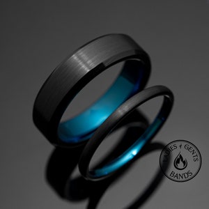 Black Blue Brushed Obsidian Tungsten Wedding Ring Set His and Hers, 2mm/6mm Bands