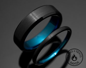 Black Blue Brushed Obsidian Tungsten Wedding Ring Set His and Hers, 2mm/6mm Bands