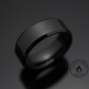 8mm Black Obsidian Sleek Tungsten Ring, Design 8mm Beveled Edges, rings for men, rings for women, anniversary, wedding band, engagement band