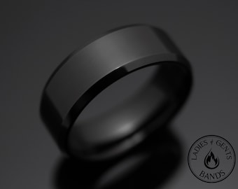 8mm Black Obsidian Sleek Tungsten Ring, Design 8mm Beveled Edges, rings for men, rings for women, anniversary, wedding band, engagement band