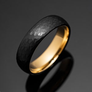 Black Hammered Obsidian Gold Tungsten Wedding Ring Set His and Hers, 2mm/6mm Bands image 5