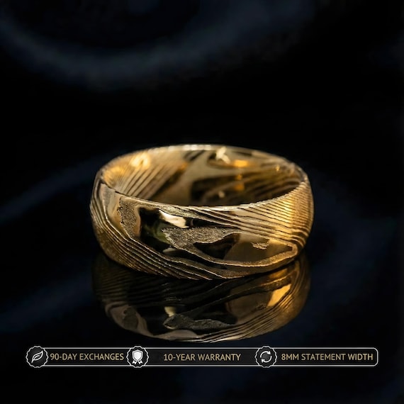 Gold Damascus Steel Hammered Ring | Unique Mens Wedding Band Gold Steel 8mm Ring