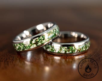 Anel de Ágata Musgosa de 6 mm, Aliança de Casamento em Tungstênio Prateado - Verde, Unissex