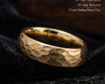 Gold Hammered Tungsten Wedding Band Ring in 6mm Width