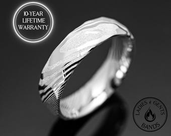 Silver Damascus Steel Hammered Ring | 6mm Unique Mens Wedding Band Silver Steel