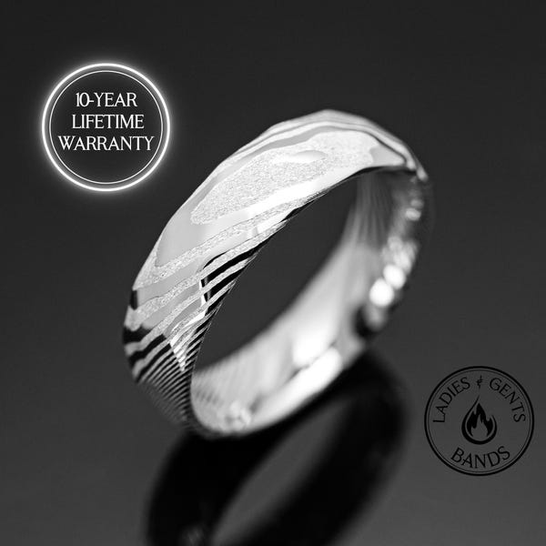 Silver Damascus Steel Hammered Ring | 6mm Unique Mens Wedding Band Silver Steel