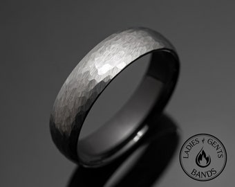 Silver Hammered tungsten wedding band, 6mm black inlay obsidian tungsten ring