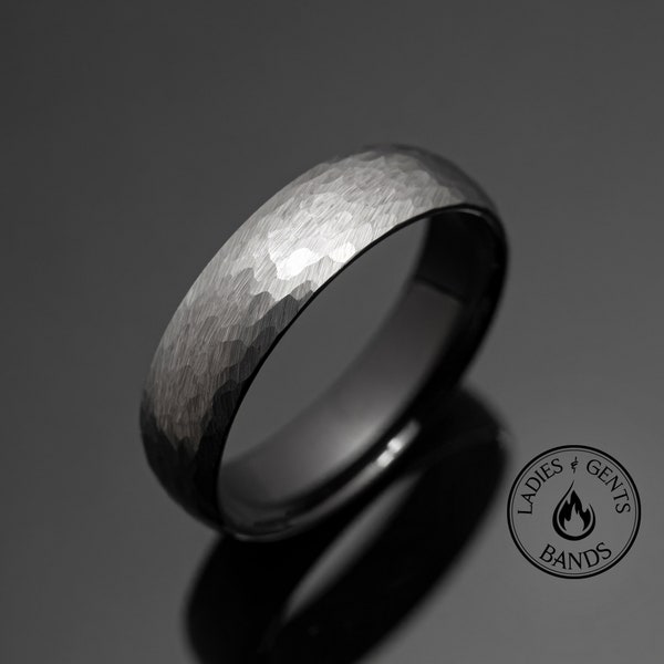 Silver Hammered tungsten wedding band, 6mm black inlay obsidian tungsten ring