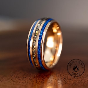 8mm Rose Gold Leaf Meteorite Blue Opal Tungsten Ring | Gold 24k Mens Wedding Band | Unique Promise Ring