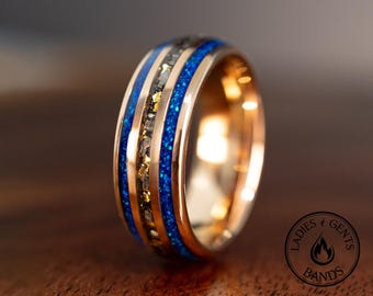 8mm Rose Gold Leaf Meteorite Blue Opal Tungsten Ring | Gold 24k Mens Wedding Band | Unique Promise Ring