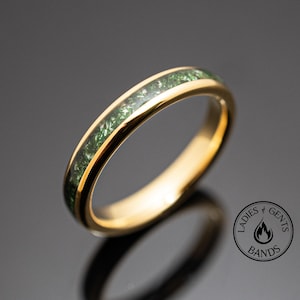 Moss Agate Wedding Ring: 4mm Gold Plated Tungsten Band