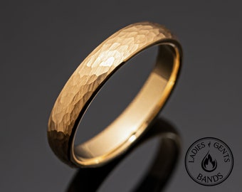 Gold Hammered Tungsten Wedding Band Ring in 4mm Width