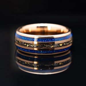 Rose Gold Meteorite Blue Opal Tungsten Ring | 24k Gold Leaf Mens Wedding Band | Unique Promise Ring