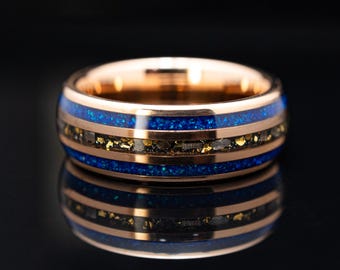Rose Gold Meteorite Blue Opal Tungsten Ring | 24k Gold Leaf Mens Wedding Band | Unique Promise Ring