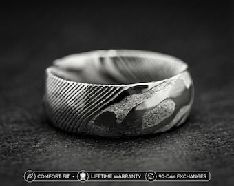 Silver Damascus Steel Hammered Ring | Unique Mens Wedding Band Silver Steel 8mm Ring