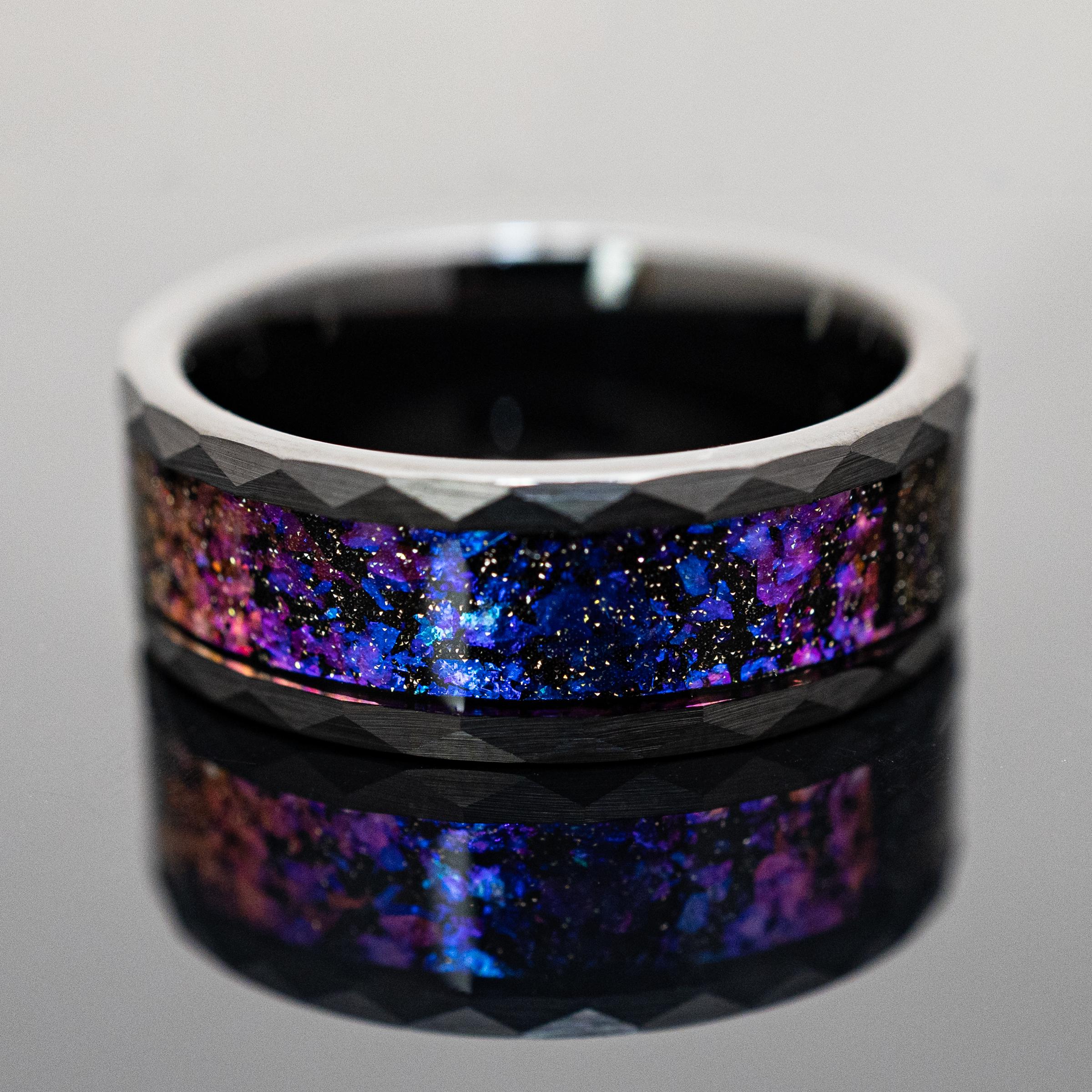 8mm Space Galaxy Wedding Band | Black Hammered Tungsten Wedding