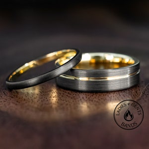 x2 Black Brushed Obsidian Tungsten Wedding Ring Set His and Hers with Gold Inlay, 2mm/6mm Bands Active