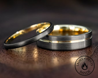 x2 Black Brushed Obsidian Tungsten Wedding Ring Set His and Hers with Gold Inlay, 2mm/6mm Bands Active