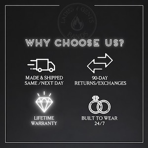May include: A black informational graphic with white text and icons. The header reads WHY CHOOSE US? below a logo. Icons include a delivery truck, exchange arrows, a diamond, and two rings, with text detailing service policies and product durability.