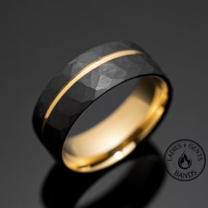 8mm Black Hammered Gold Obsidian Tungsten Wedding Band, Mens Ring image 1