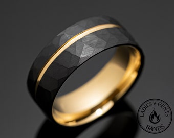 8mm Black Hammered Gold Obsidian Tungsten Wedding Band, Mens Ring