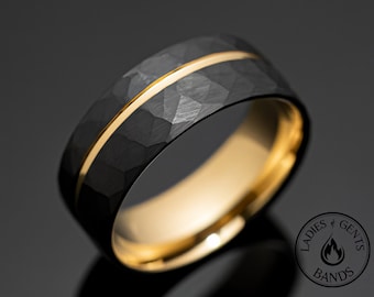 8mm Black Hammered Gold Obsidian Tungsten Wedding Band, Mens Ring