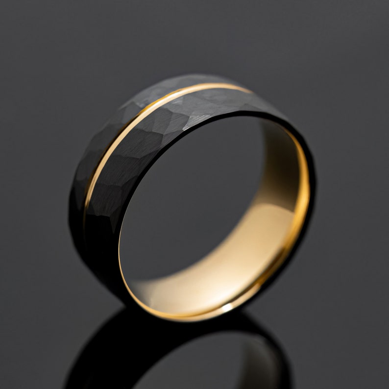 8mm Black Hammered Gold Obsidian Tungsten Wedding Band, Mens Ring image 4