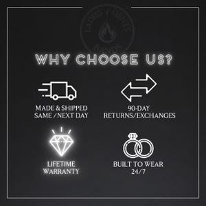 May include: A black informational graphic with white text and icons. The header reads WHY CHOOSE US? below a logo. Four sections feature icons for a delivery truck, exchange arrows, a diamond, and two rings, with text detailing service policies.