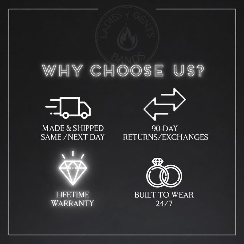 May include: A black informational graphic with white text and icons. The header reads WHY CHOOSE US? below a logo. Four sections feature icons for a delivery truck, exchange arrows, a diamond, and two rings, with text detailing service policies.