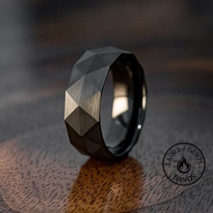 Black Obsidian Brushed Tungsten Wedding Ring, 8mm Black Prism Wedding Band for him, Gift for him, Men's Wedding Ring