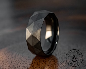 Black Obsidian Brushed Tungsten Wedding Ring, 8mm Black Prism Wedding Band for him, Gift for him, Men's Wedding Ring