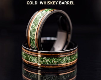 8mm Whiskey Barrel Wedding Band | Mens Moss Agate Ring Inlay Mens Wedding Ring,Black Tungsten Mens Wedding Ring-Mens Moss Agate Wedding Band