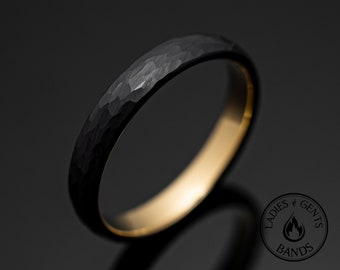 4mm Hammered Black Obsidian Tungsten Carbide Wedding Band with Gold Inlay