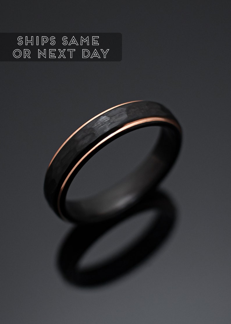 Black Obsidian Rose Gold Tungsten Carbide Ring, Black Hammered Wedding Band for Men, 5mm width ring, Wedding Ring Gift, Tungsten Carbide, image 6