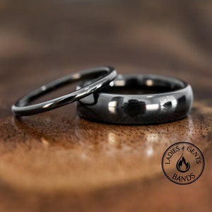 x2 Black Obsidian Tungsten Wedding Ring Set His and Hers, 2mm 6mm polished bands