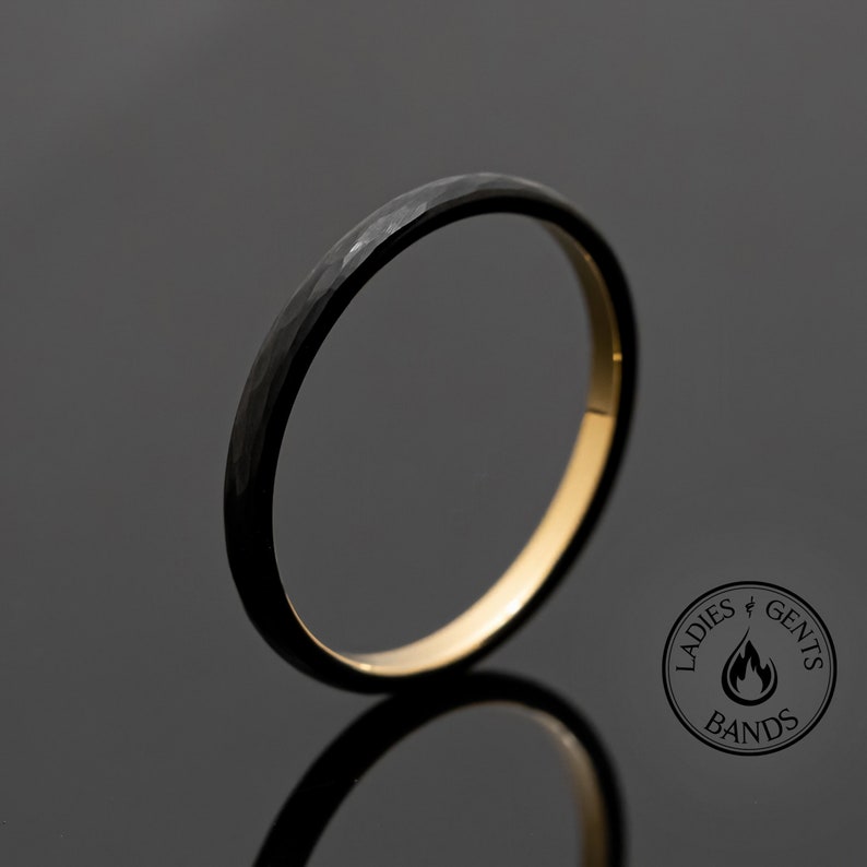 Black Hammered Obsidian Gold Tungsten Wedding Ring Set His and Hers, 2mm/6mm Bands image 6