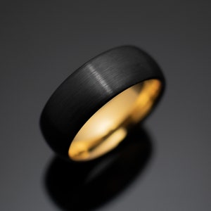 Black Obsidian Brushed Tungsten Carbide Unisex Band with Yellow Gold