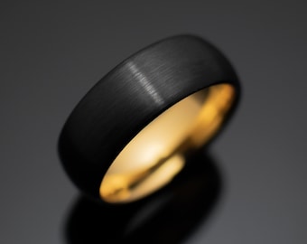 Black Obsidian Brushed Tungsten Carbide Unisex Band with Yellow Gold