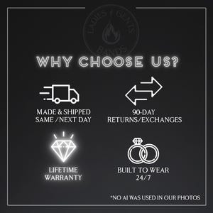 May include: A graphic with white text and icons on a dark background. The text reads "WHY CHOOSE US?" with icons representing same-day shipping, 90-day returns, lifetime warranty, and rings built to wear 24/7. The text "NO AI WAS USED IN OUR PHOTOS" is also included.