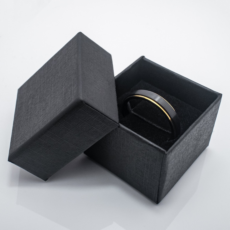 Black Obsidian Hammered Tungsten Wedding Band Ring in 6mm Width Gold Inlay image 6