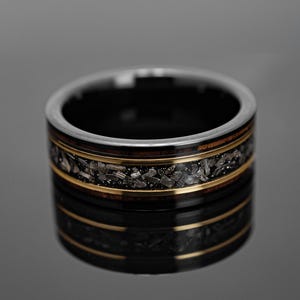 Charred Whiskey Barrel Meteorite Black Mens Unisex Wedding Band | Gold Inlay Ring in 8mm