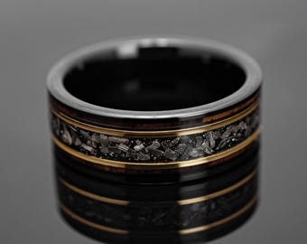 Charred Whiskey Barrel Meteorite Black Mens Wedding Band | Gold Inlay Mens Rings in 8mm
