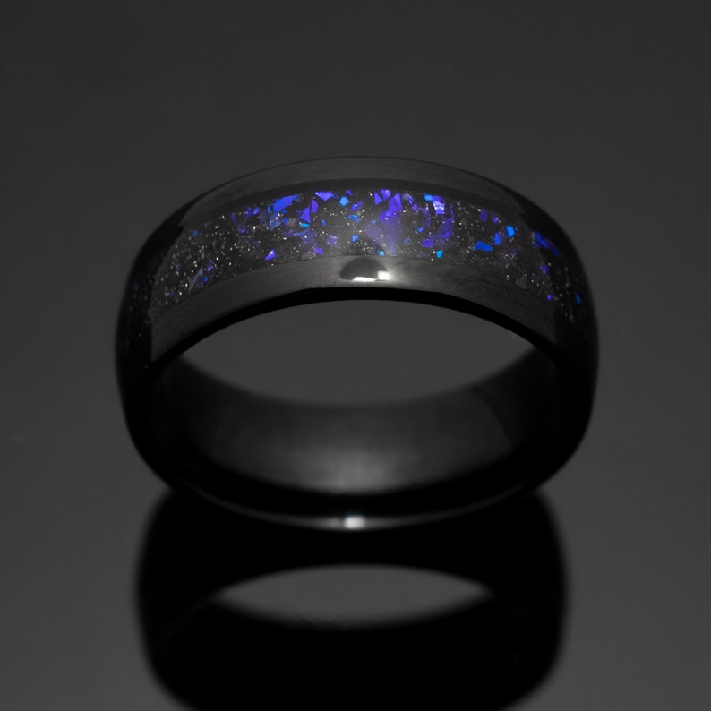 8mm Black POLISHED Orion Nebula Obsidian-style Wedding Ring, blue sandstone Wedding Band, Tungsten Carbide Unisex Ring image 3