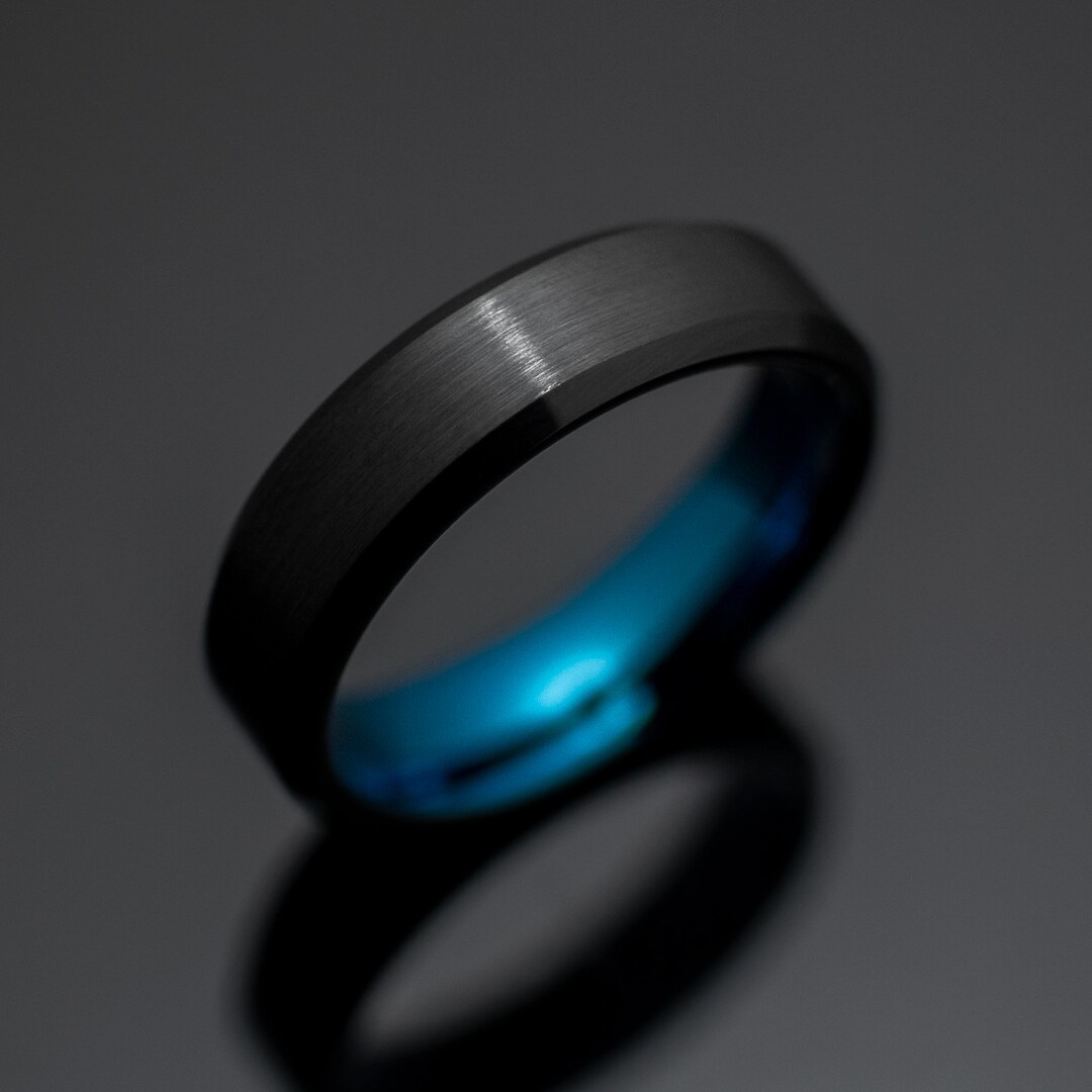 Black Obsidian Brushed Tungsten Wedding Band With Blue Inlay Engagement